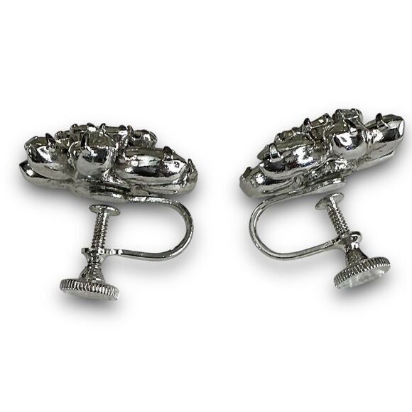 Vintage Silver Toned Clear Rhinestone Flower Cluster Screw Back Earrings - Picture 2 of 7